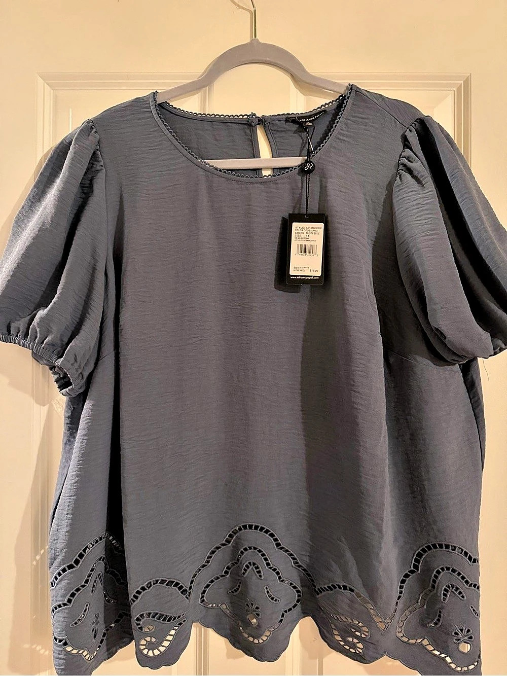 Adrianna Papell Airflow Eyelet Embroidered Woven Crop Top Blue Blouse 1X NWT